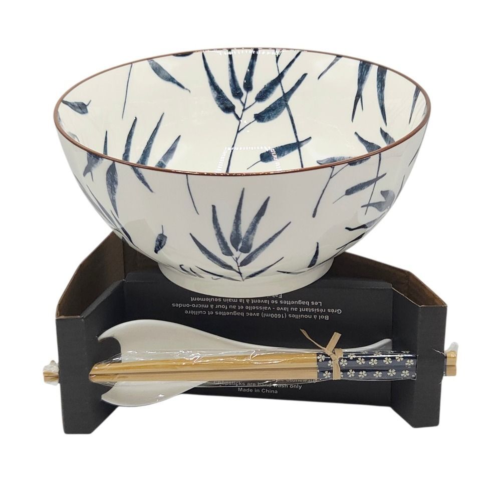 SH Home Blue Bamboo Ceramic Ramen Noodle Bowl 54oz With Chopsticks And Spoon 4pc